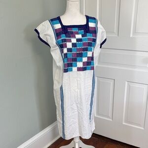 Authentic Mexican Hand Embroidered Blue Purple White Checkered Dress Size XL